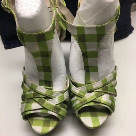 Quipid Shoes - Qupid Green and White Gingham Open Toe Heels